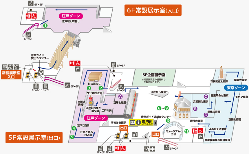 江戸博常設展のフロアマップ（5階と6階）